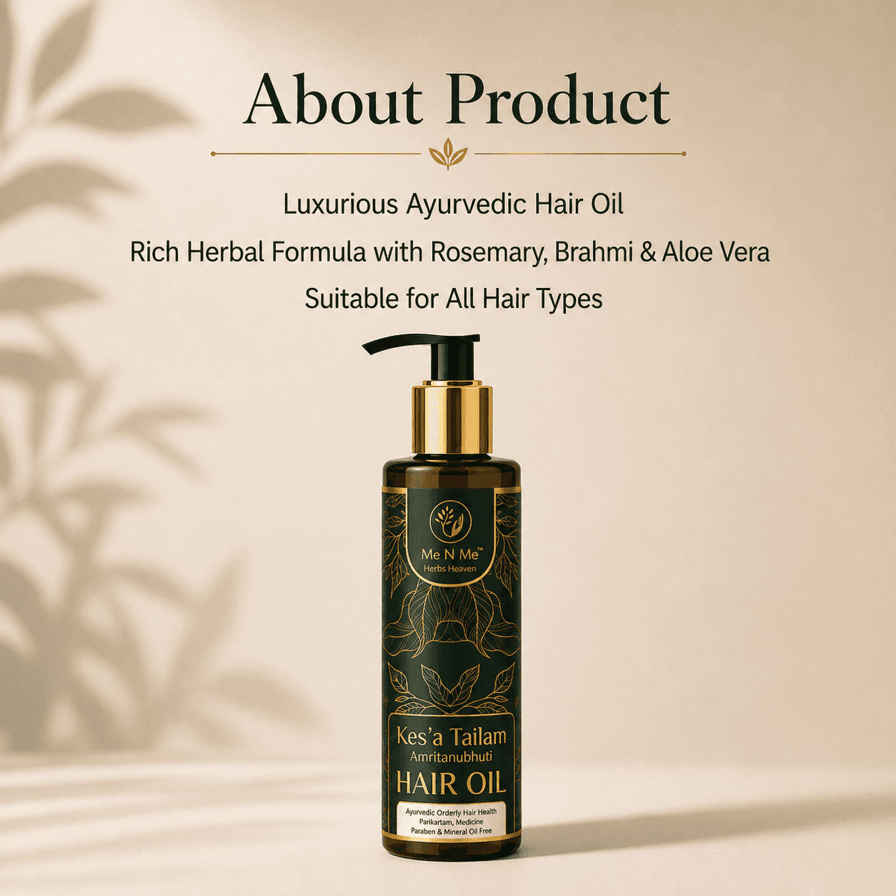 Me n Me Ayurvedic hair oil for growing hair with rosemary brahmi and aloe vera in dark pump bottle