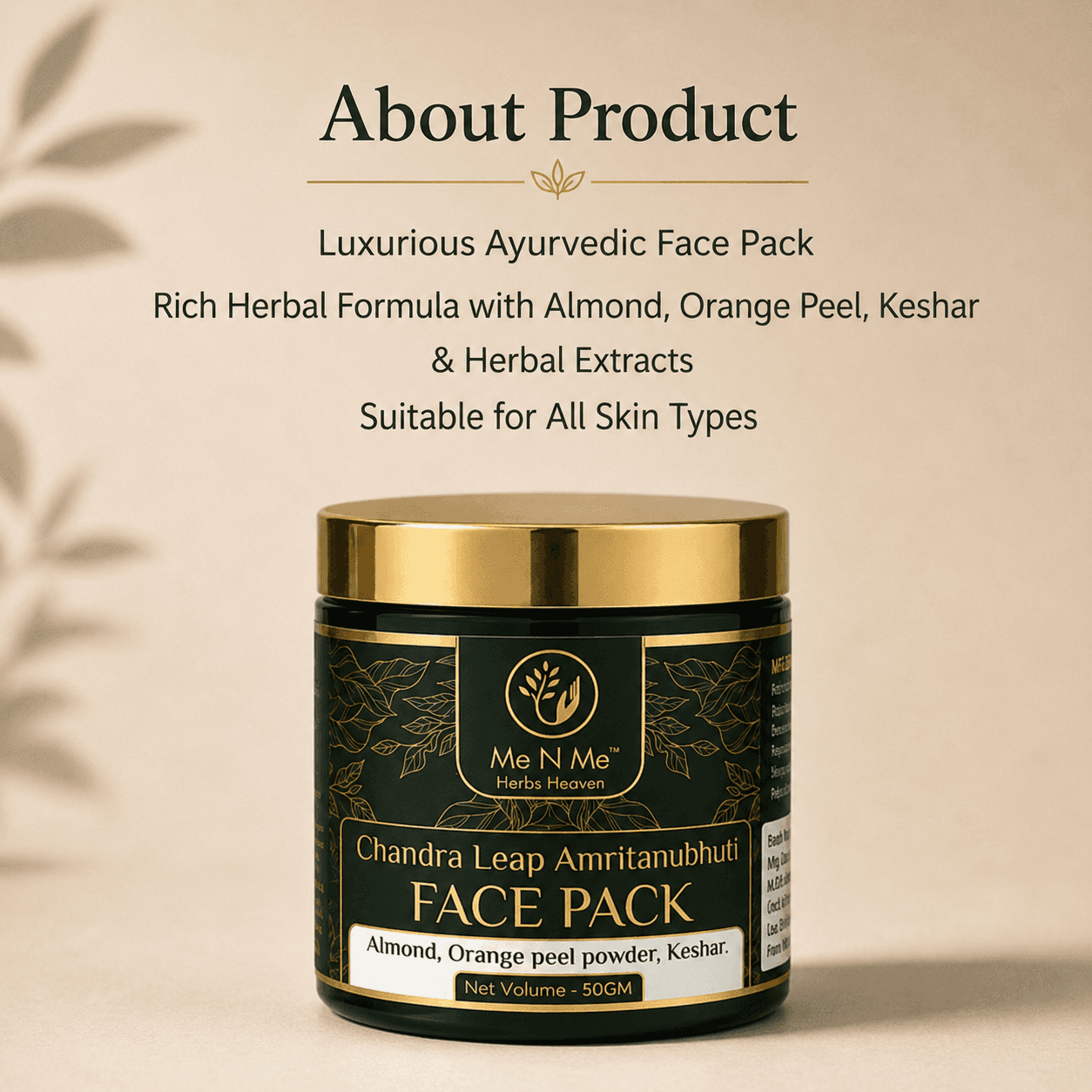 Me n Me Ayurvedic face pack with almond orange peel and keshar suitable for all skin types