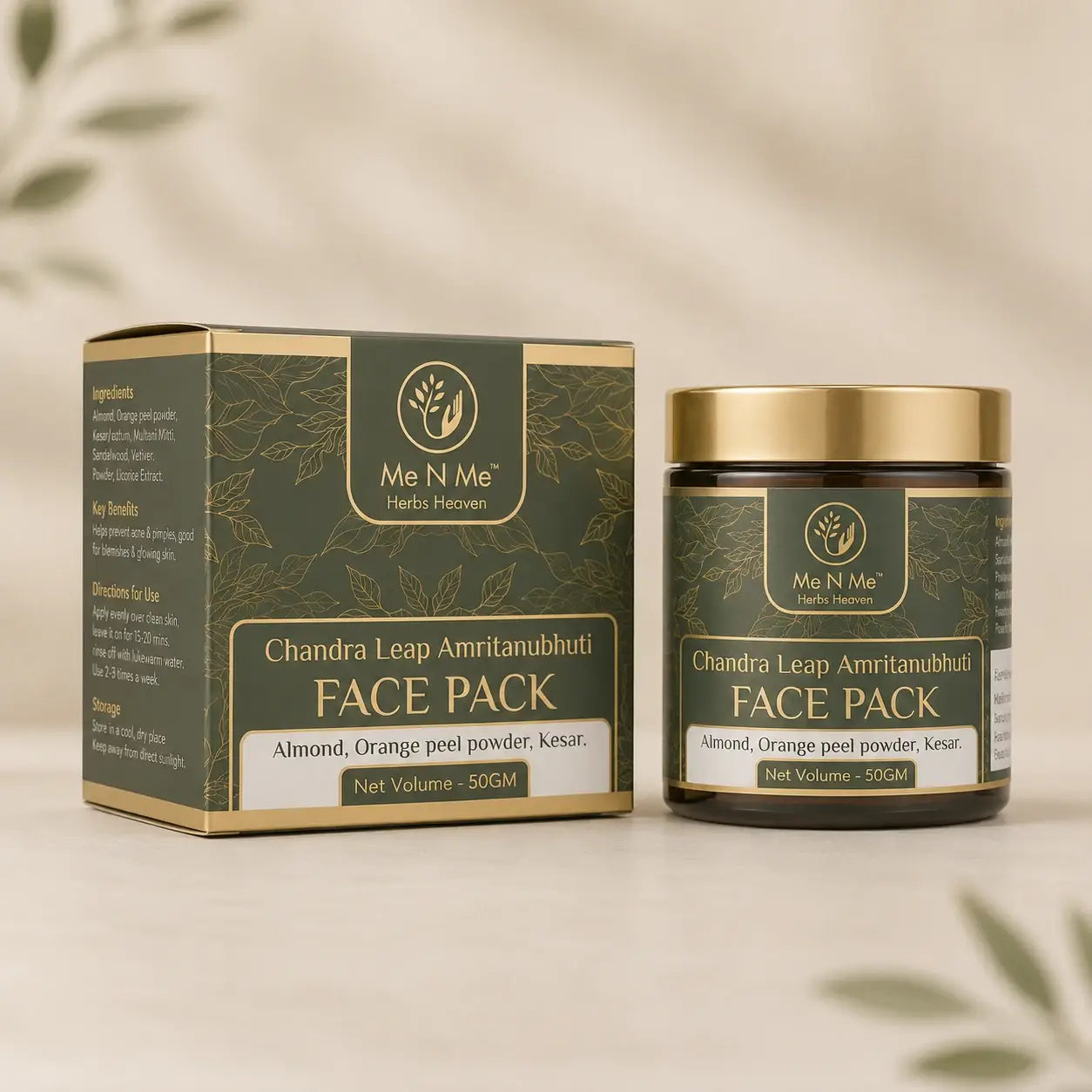 Me n Me Chandra Leap Amritanubhuti face pack with almond and orange peel powder in 50gm jar and box