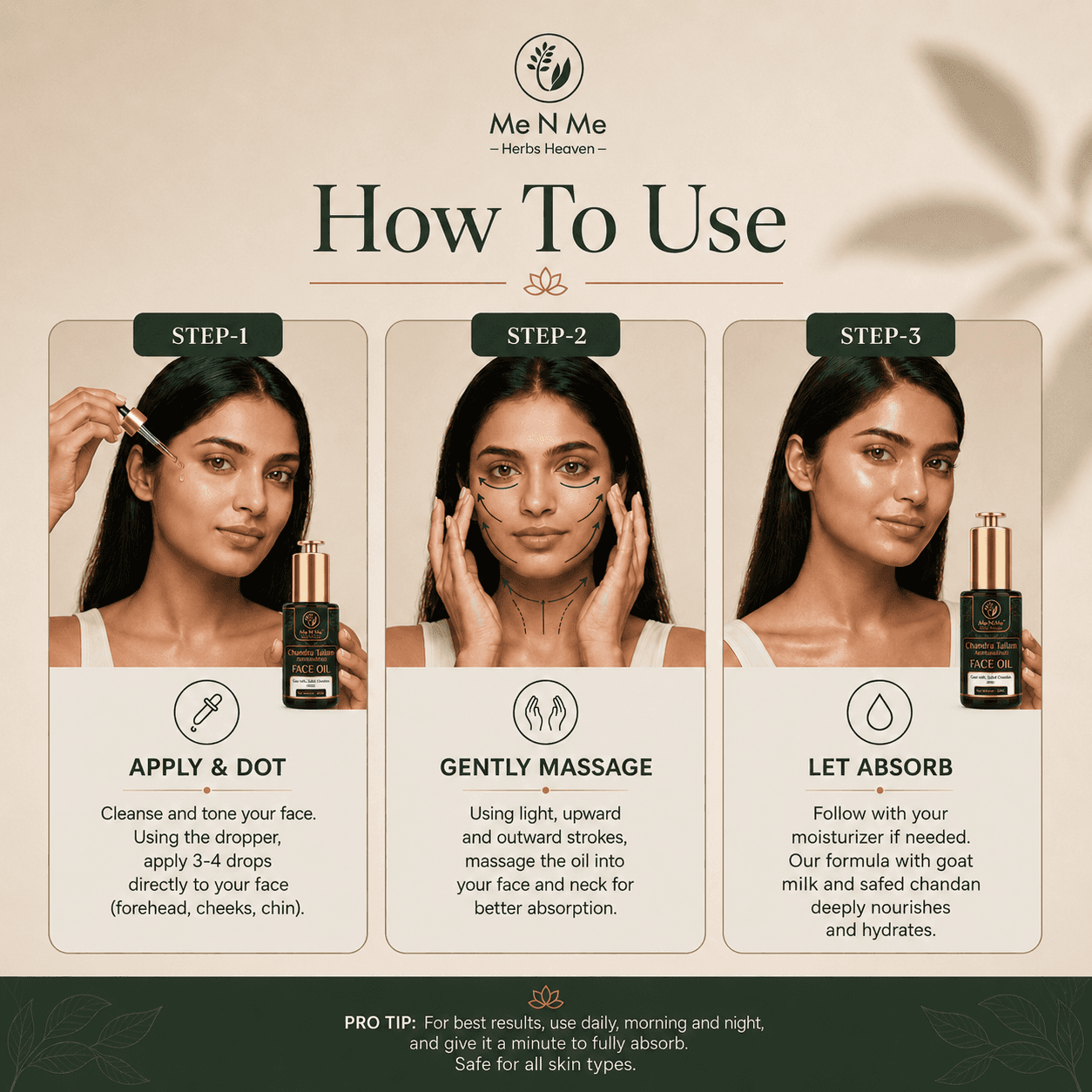 Me n Me face oil for gua sha showing step-by-step application with dropper, gentle massage, and absorption